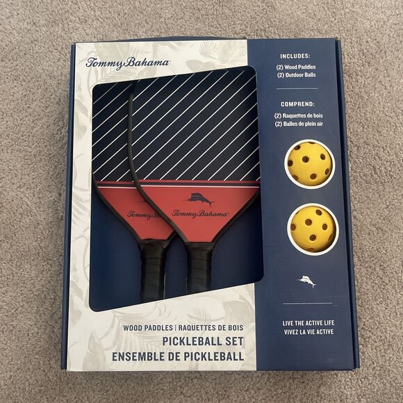 Tommy Bahama Pickleball Set 2-Blue & Red Wooden Paddles 2-Yellow Game Balls NEW - Picture 1 of 7